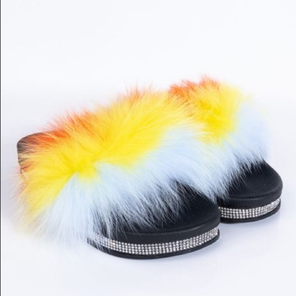Azalea Wang Rhinestone Colorful Orange Furry Fuzzy Square Flatform Slide Sandals